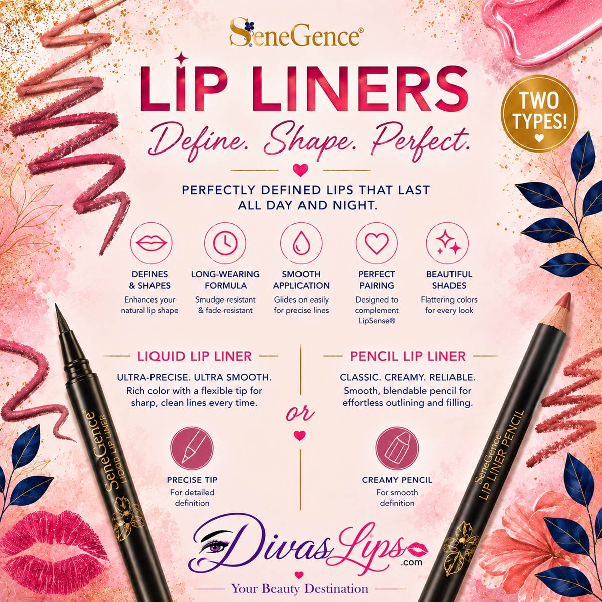 SeneGence Lip Liners in liquid and pencil formulas at DivasLips