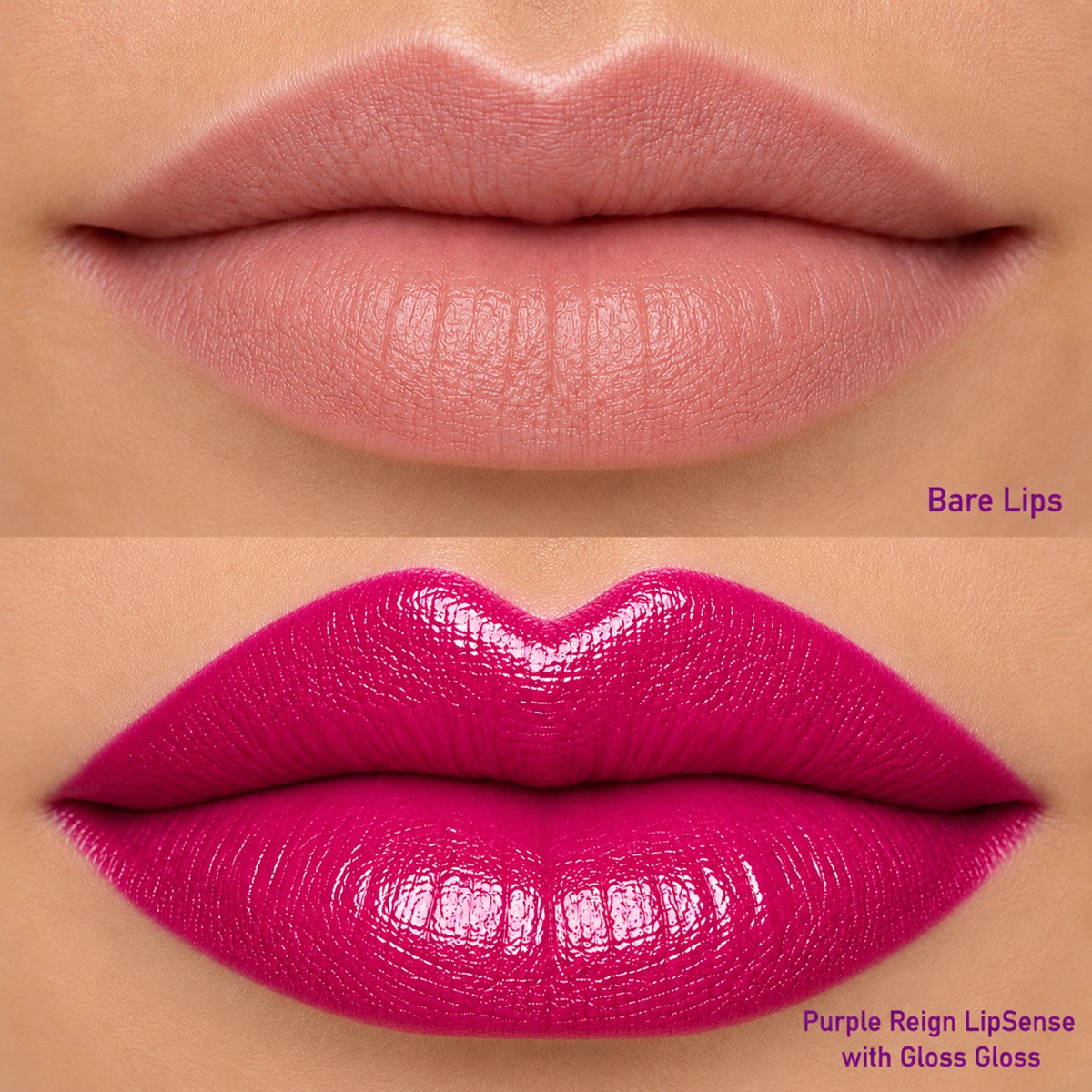Before and after lips showing the vibrant purple berry color of Purple Reign LipSense