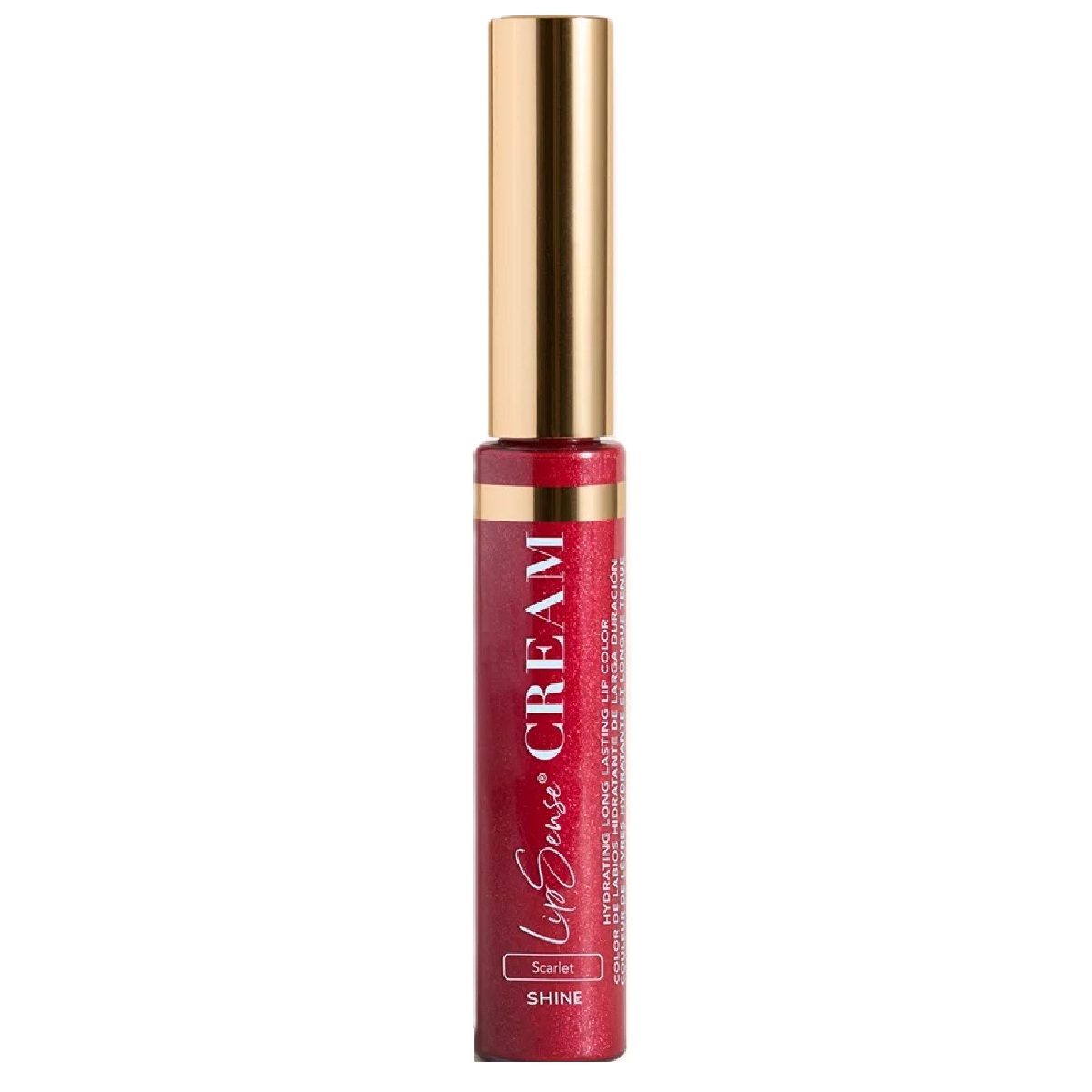 Scarlet Shine Cream LipSense is a deep scarlet red color with a metallic finish and can last up to 6 hours