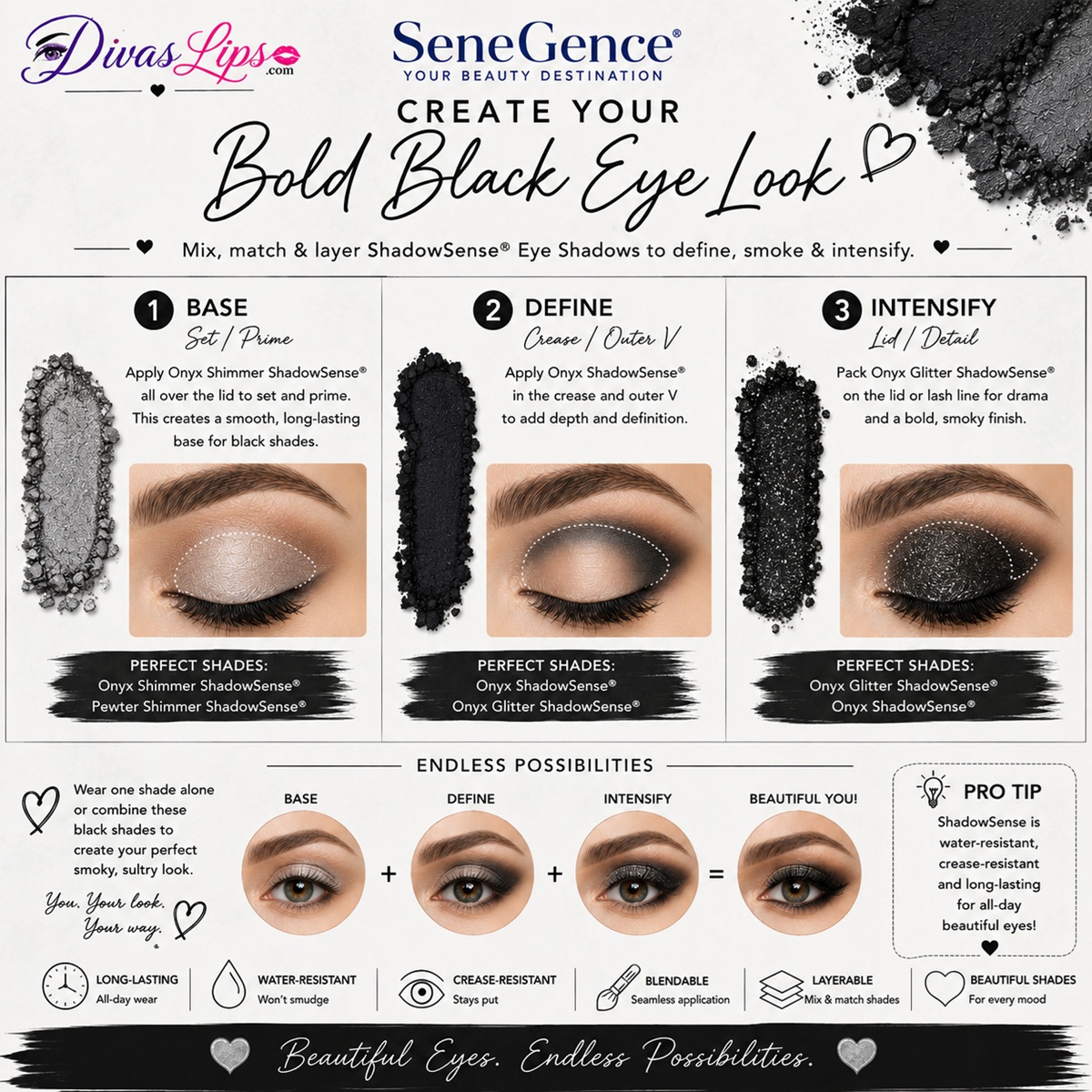 Create Your Bold Black Eye Look with ShadowSense black gray silver and white eye shadows