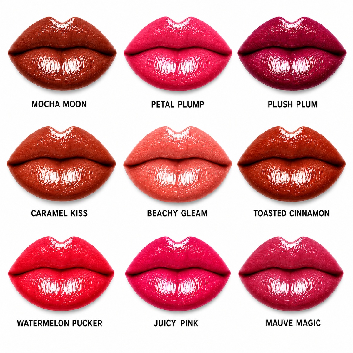 Glowify Juicy Plumping Lip Gloss shade chart showing 9 lip colors