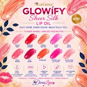 Glowify® Sheer Silk Lip Oil collection featuring 10 shades with gold-capped bottles, including Cosmic Kiss and Mood Ring pH lip oils.
