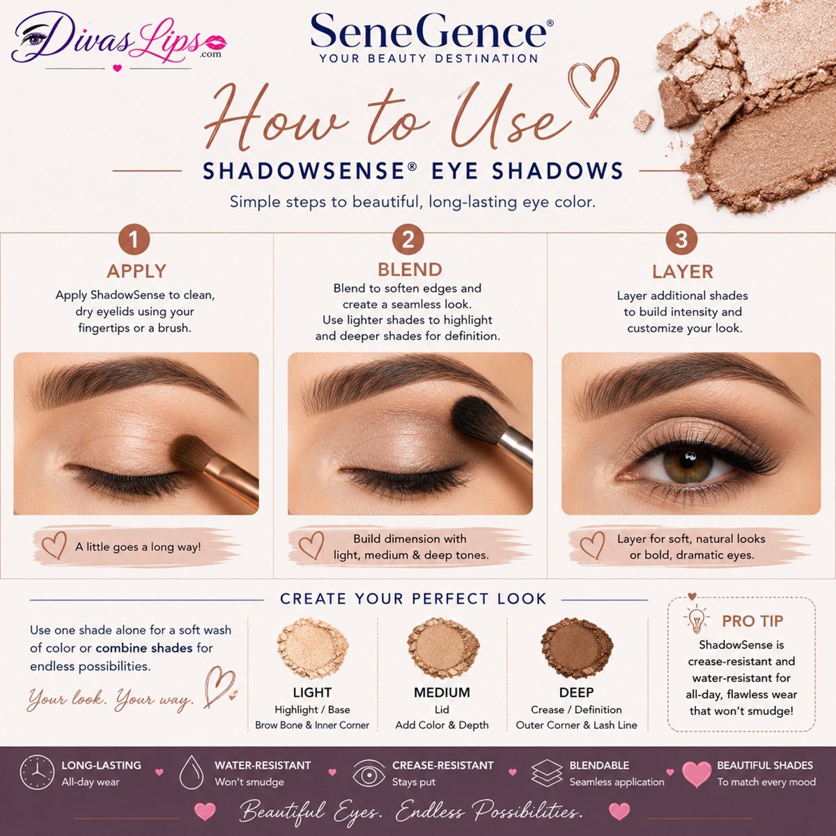How to use ShadowSense Eye Shadow with apply, blend and layer steps