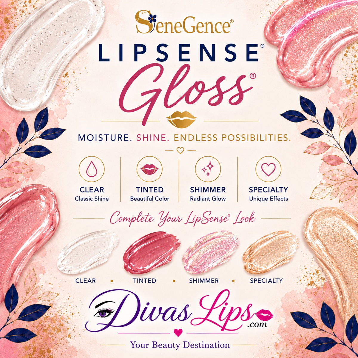 LipSense Glosses with clear, tinted, shimmer and specialty finishes at DivasLips