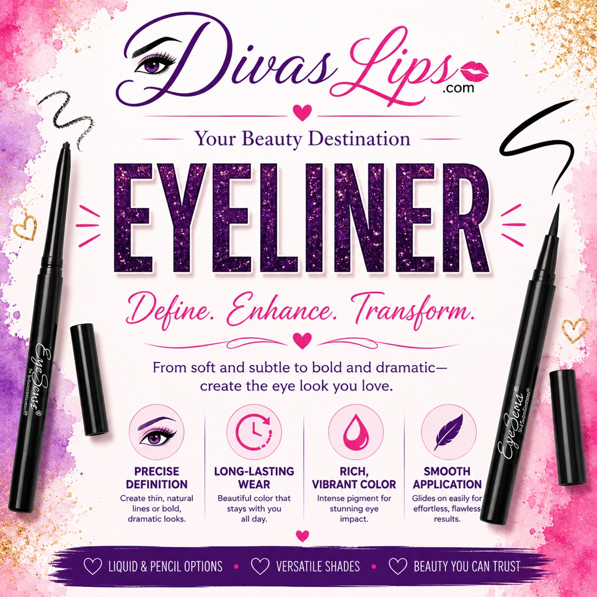 SeneGence eyeliner products including liquid and pencil eyeliner at DivasLips