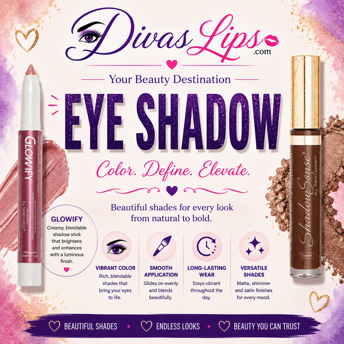 SeneGence eye shadow products including ShadowSense and Glowify eye shadow at DivasLips
