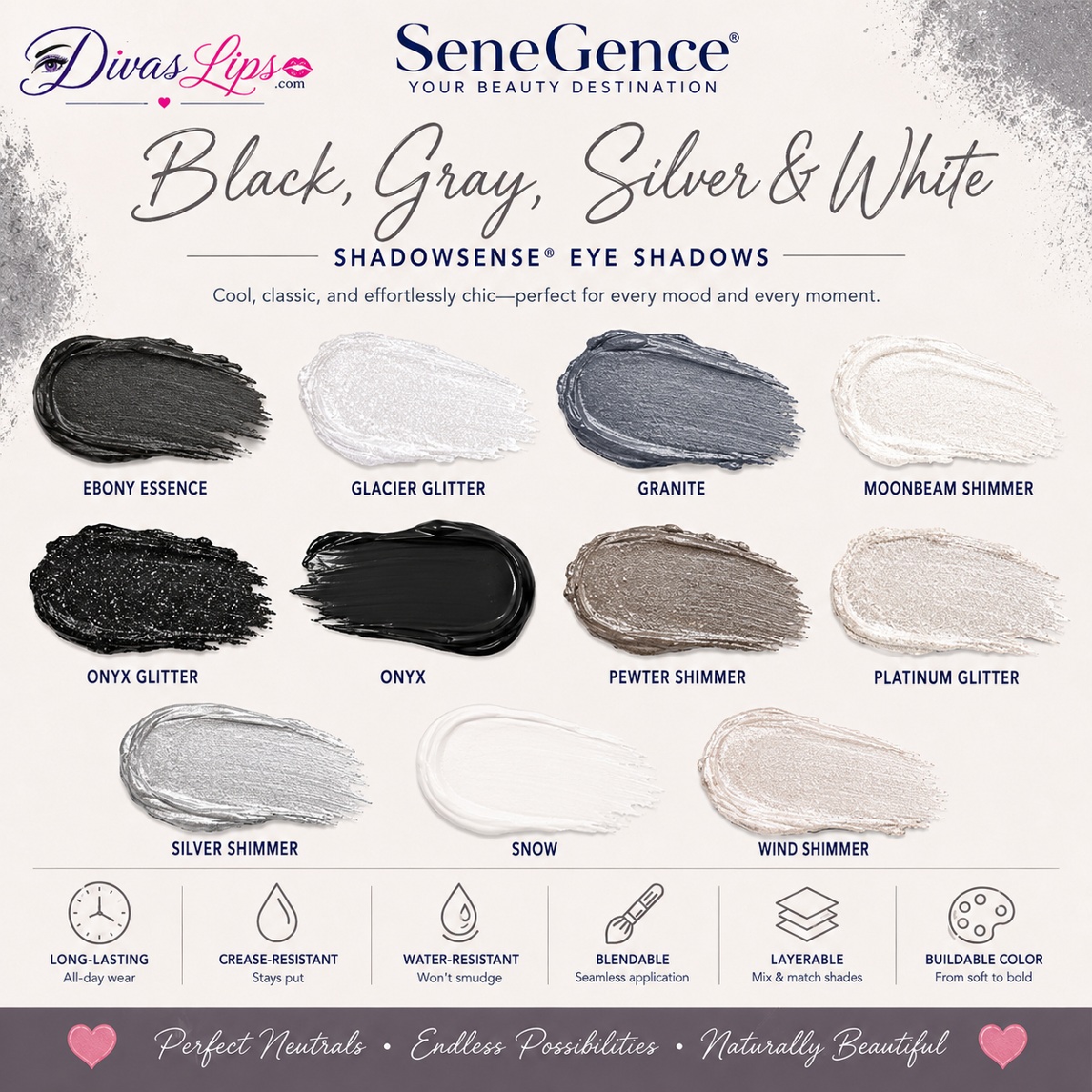 ShadowSense Black Gray Silver and White Eye Shadow shades at DivasLips