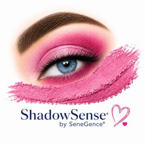 Pink ShadowSense eye makeup on blue eye with bright pink pigment swatch