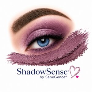 Purple ShadowSense eye makeup with blue eye and purple pigment swatch
