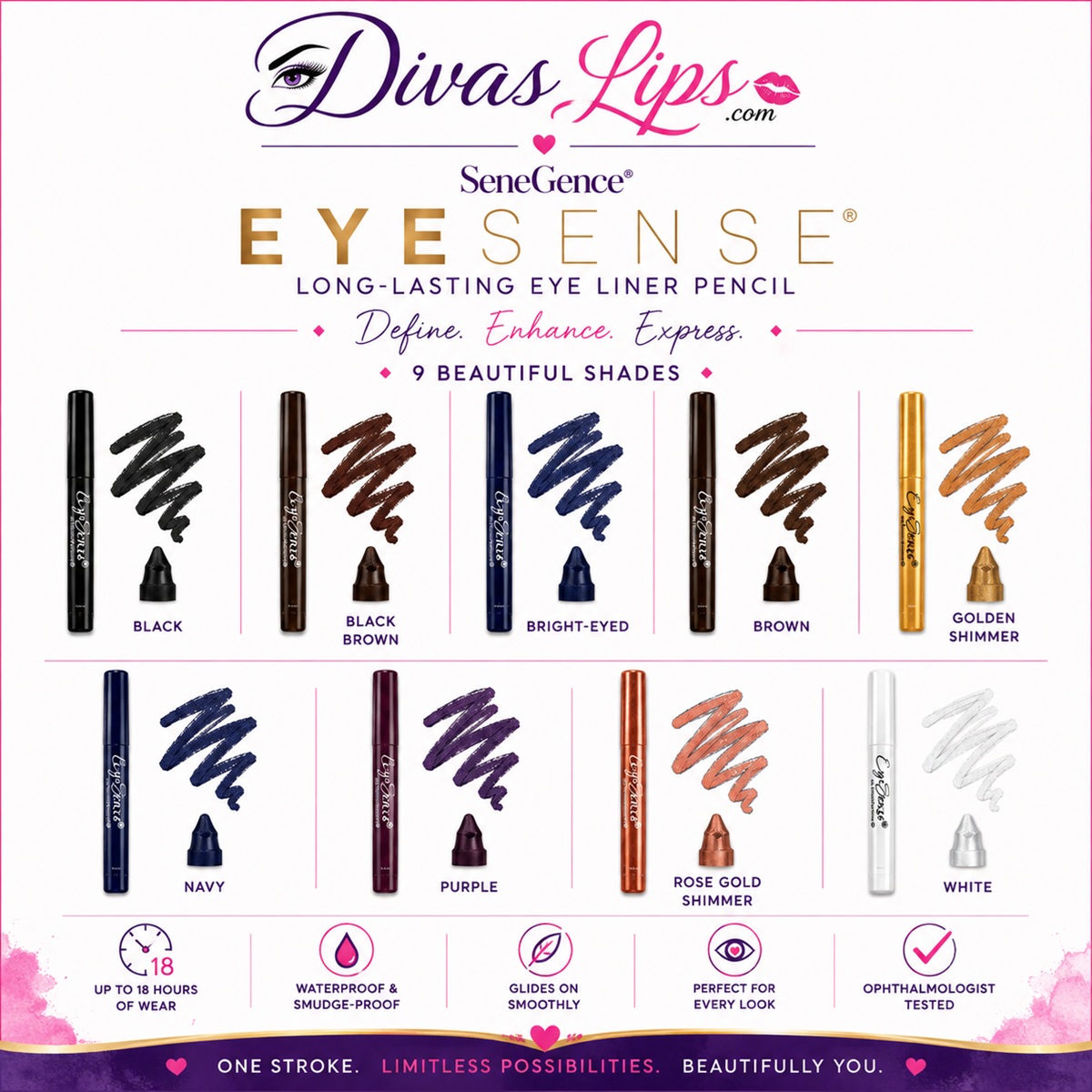 EyeSense Eye Liner Pencil 9 shades and color swatches