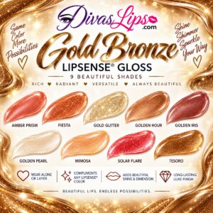 Gold Bronze LipSense Gloss collection featuring 9 warm gold, bronze, champagne and shimmer shades