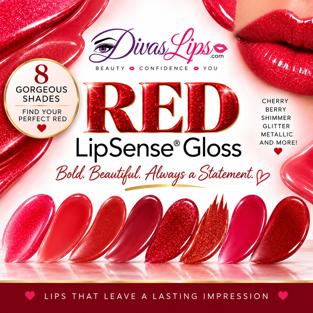 Red LipSense Gloss collection featuring 8 gorgeous red gloss shades