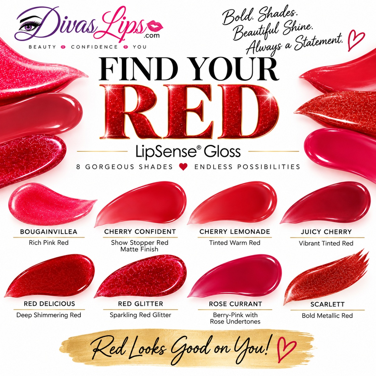 Find Your Red LipSense Gloss shade guide with 8 red gloss colors