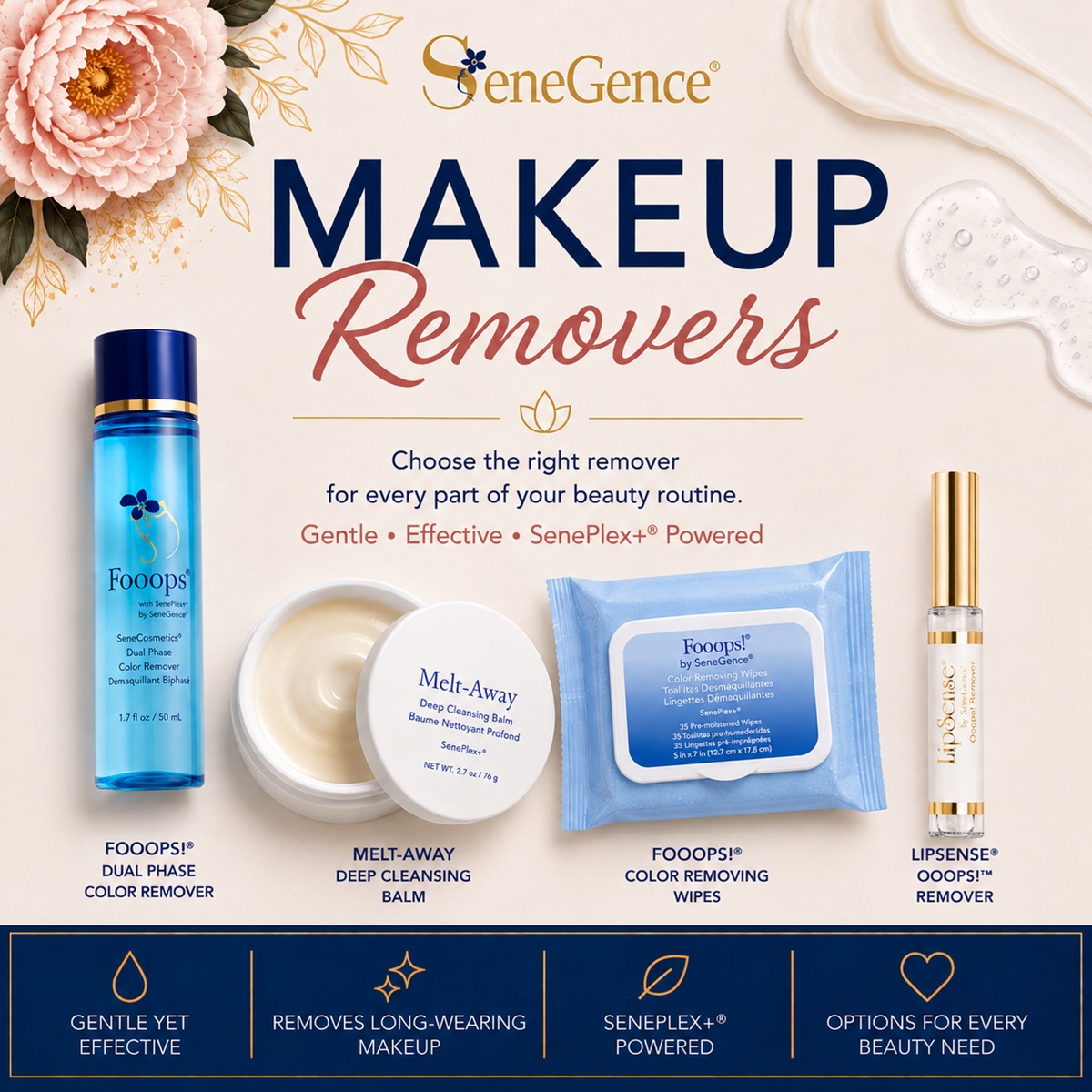 SeneGence Makeup Removers including Fooops, Melt-Away and LipSense Ooops Remover