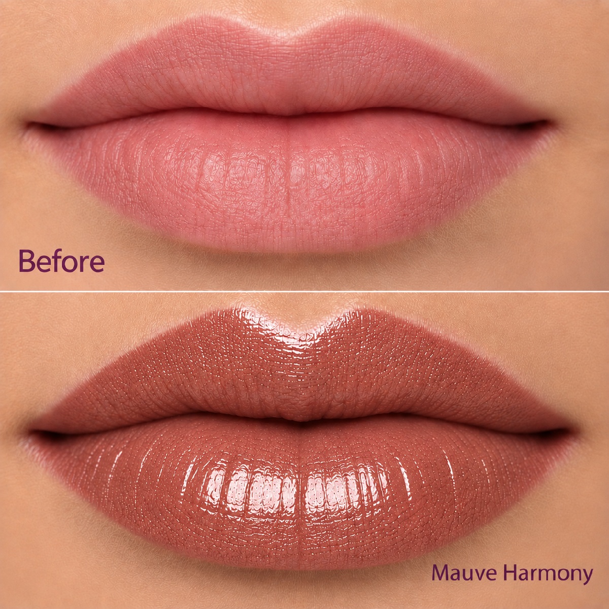 Before and after lips showing the warm rosy-beige color of Mauve Harmony LipSense