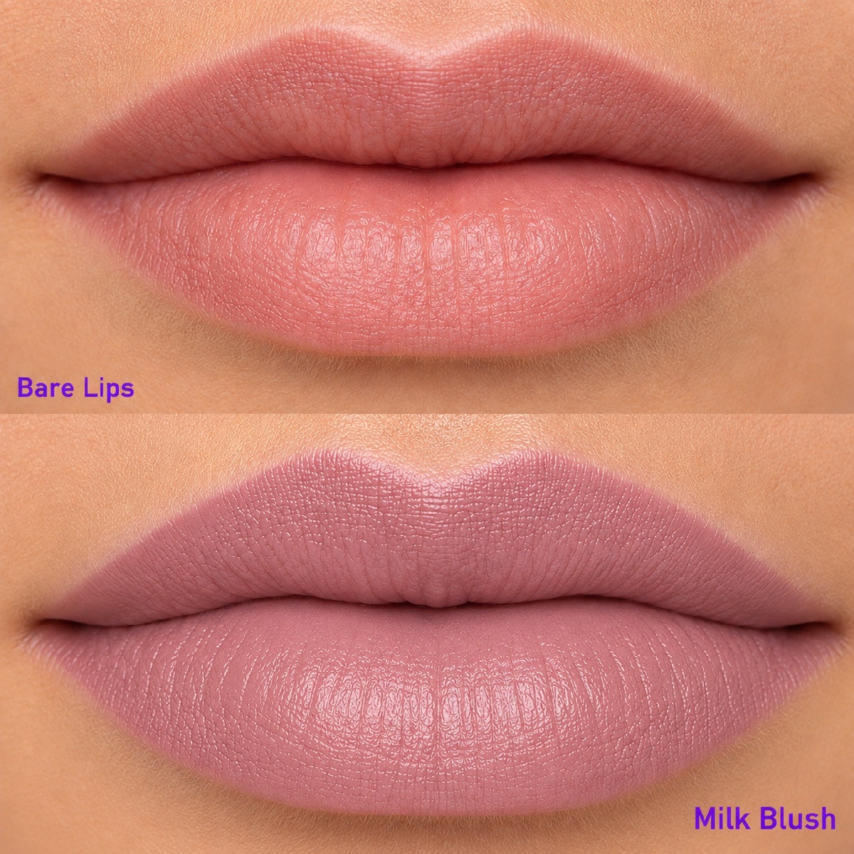 Before and after lips showing Milk Blush LipSense Cream soft pink matte lip color