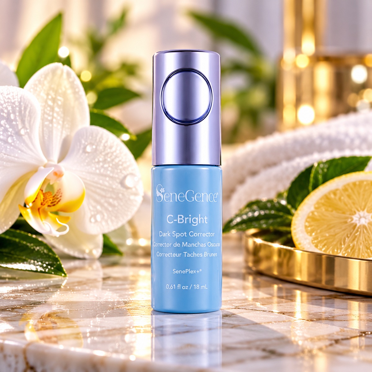 SeneGence C-Bright Dark Spot Corrector blue bottle with lavender cap, white orchid, lemon and luxury marble background