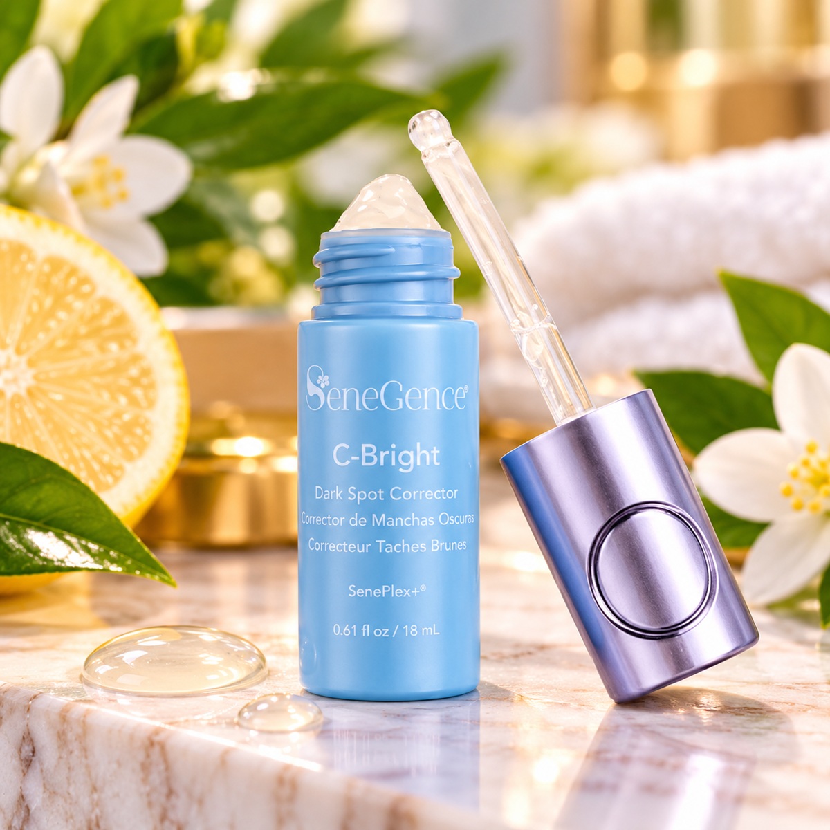 Open SeneGence C-Bright Dark Spot Corrector bottle with clear serum applicator, lemon, botanical flowers and marble spa setting