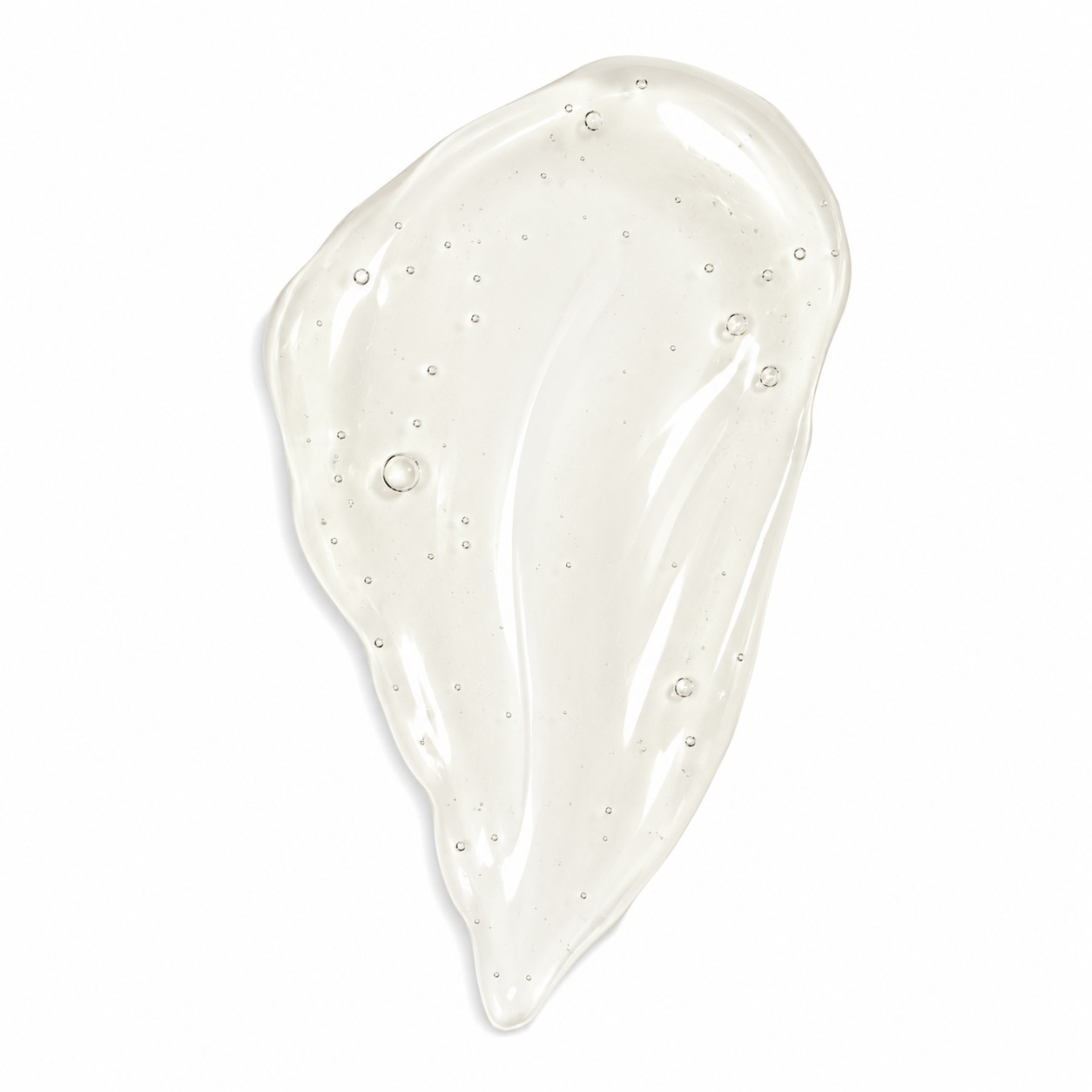 Clear translucent SeneGence C-Bright Dark Spot Corrector serum swatch with glossy texture and tiny bubbles on white background