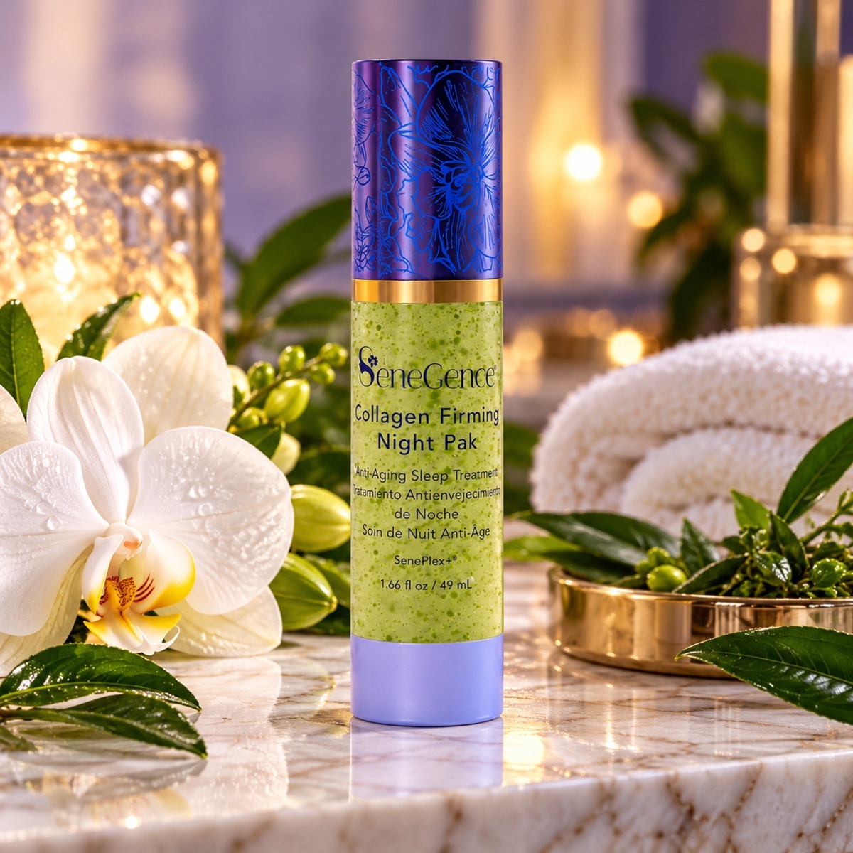 SeneGence Collagen Firming Night Pak green gel treatment bottle with purple floral cap, white orchids and marble spa setting