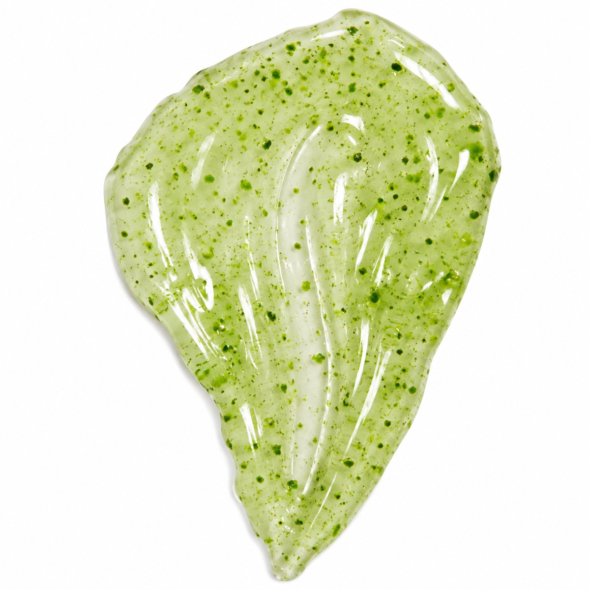 Translucent pale green Collagen Firming Night Pak gel swatch with darker green botanical particles on white background