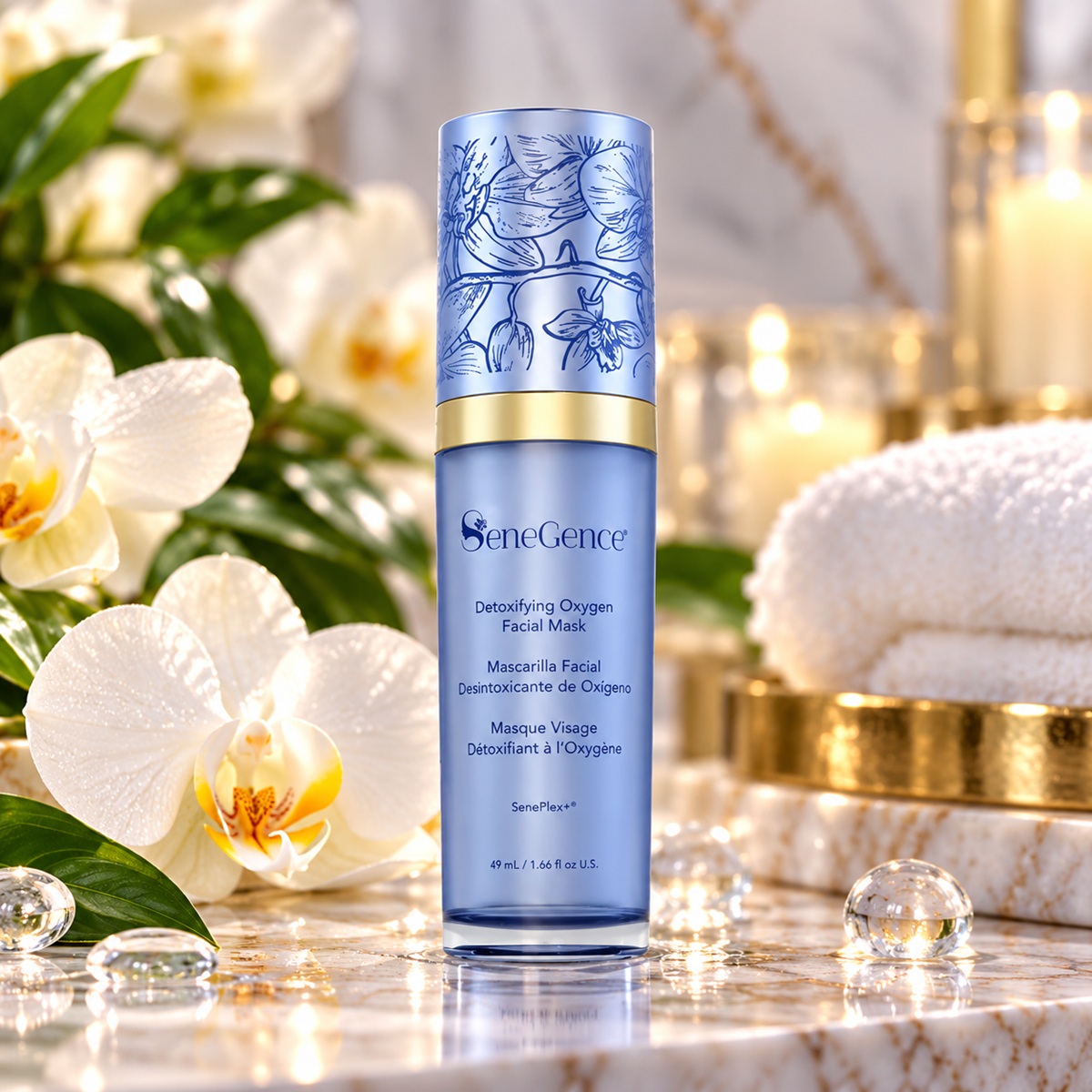 SeneGence Detoxifying Oxygen Facial Mask blue and gold bottle on luxury marble with white orchids and greenery