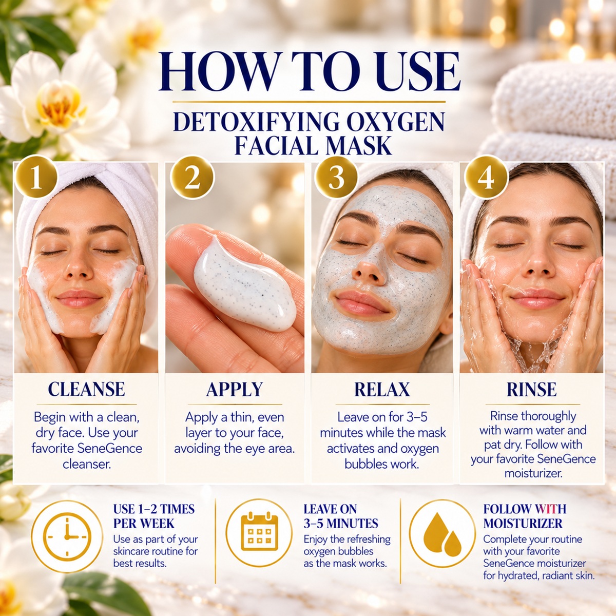 Four-step Detoxifying Oxygen Facial Mask application guide showing cleansing, applying mask, waiting 3 to 5 minutes and rinsing