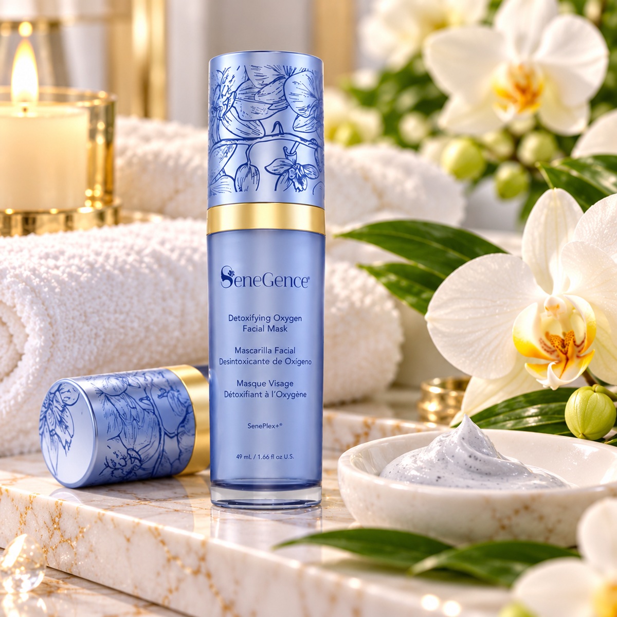 SeneGence Detoxifying Oxygen Facial Mask in a luxury spa setting with white towels, orchids, candle and cream mask