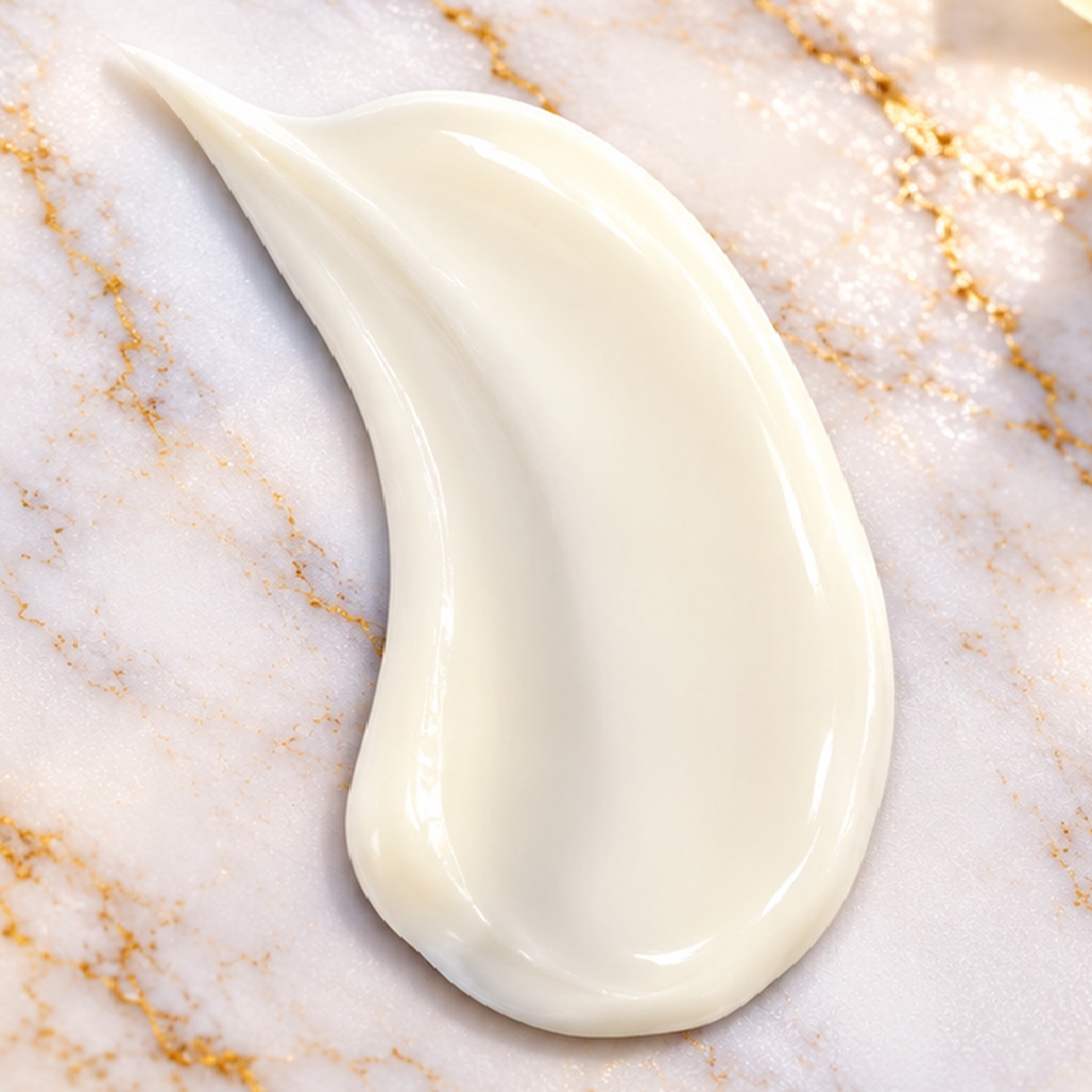 Creamy ivory Detoxifying Oxygen Facial Mask texture swatch on white marble with delicate gold veining