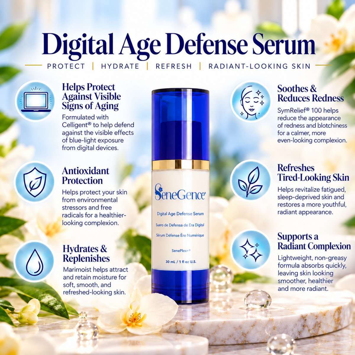 SeneGence Digital Age Defense Serum benefits infographic highlighting blue light defense, hydration, antioxidants and soothing skincare