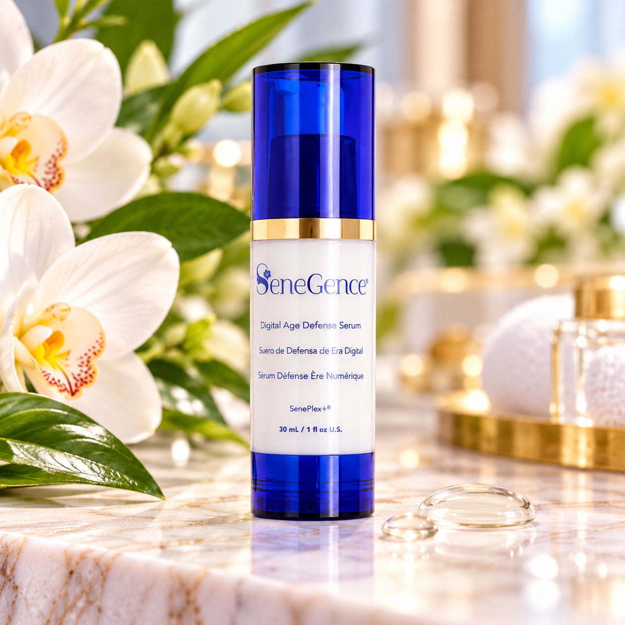 SeneGence Digital Age Defense Serum blue and white bottle with gold accents, white orchids and luxury marble spa background