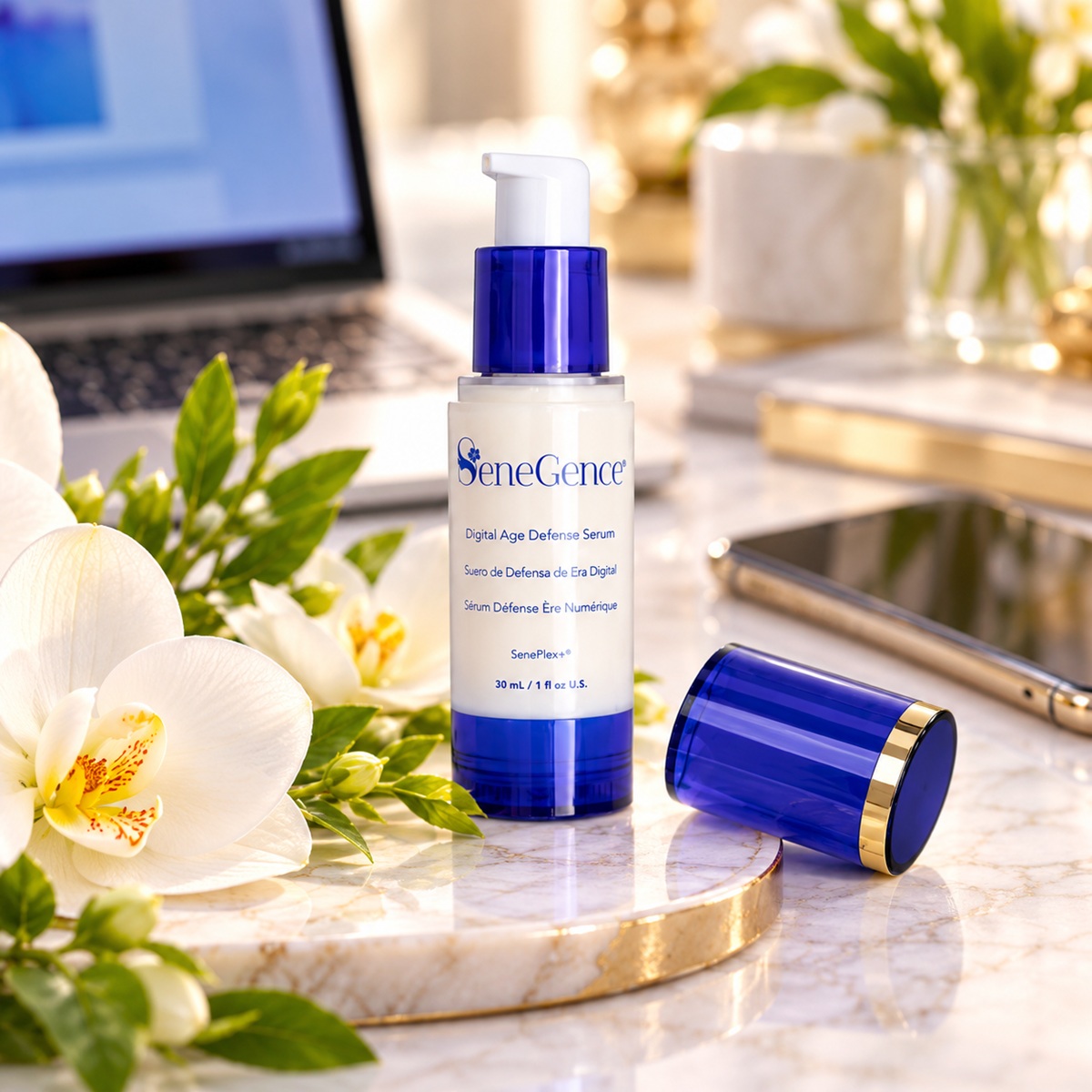 Open SeneGence Digital Age Defense Serum pump bottle with blue cap, white orchids, laptop and smartphone in a luxury skincare setting