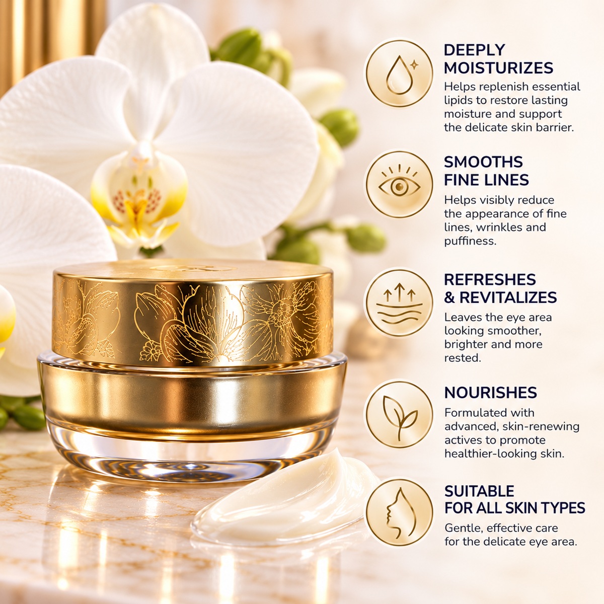 SeneGence EyeCrème benefits infographic highlighting hydration, fine lines, puffiness and skin nourishment