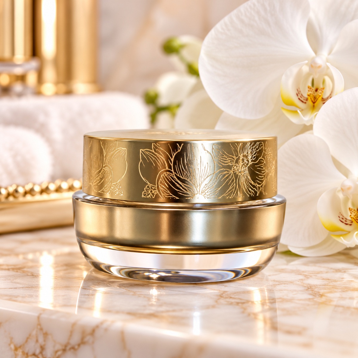 SeneGence EyeCrème luxury eye cream in gold floral jar with clear base