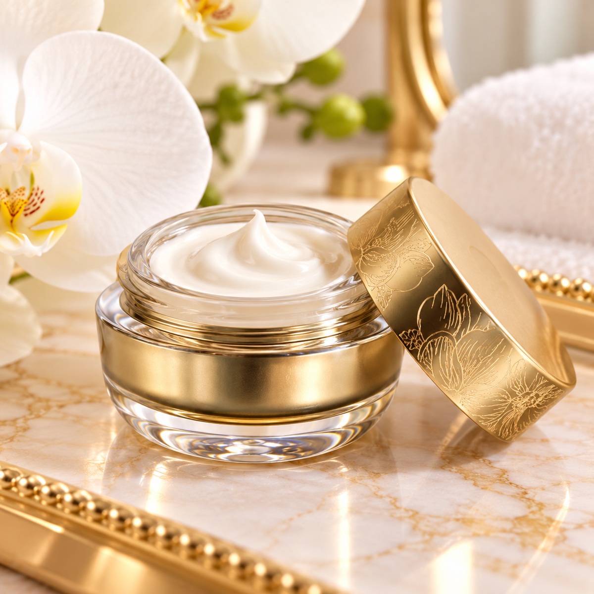 SeneGence EyeCrème open gold eye cream jar showing rich moisturizing cream