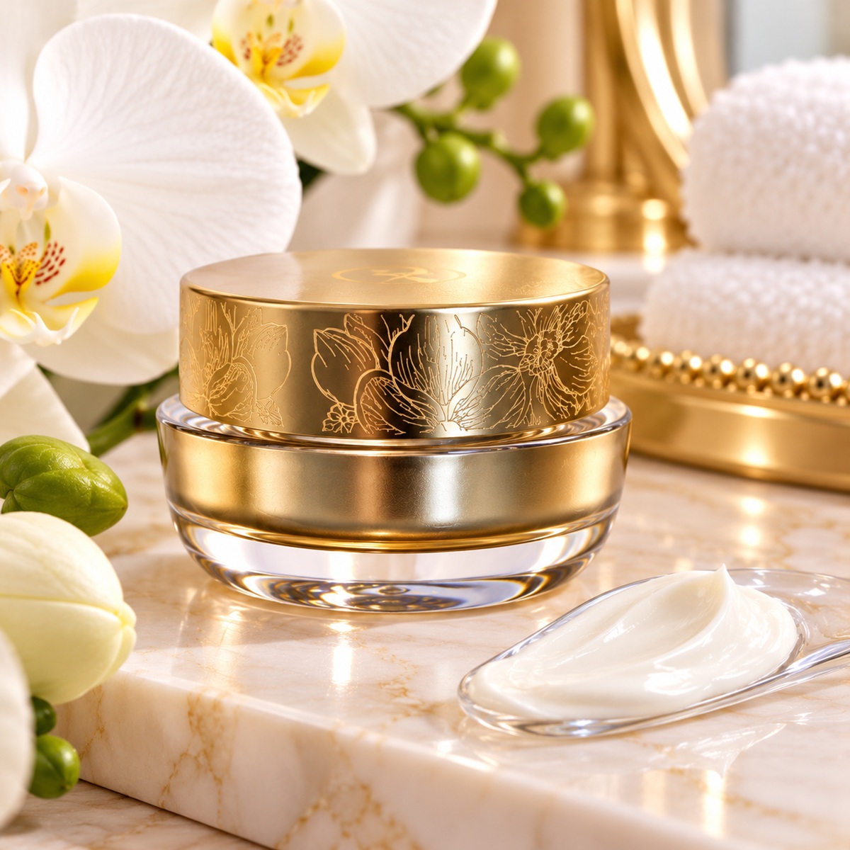 SeneGence EyeCrème gold jar on champagne marble vanity with white orchids and cream texture