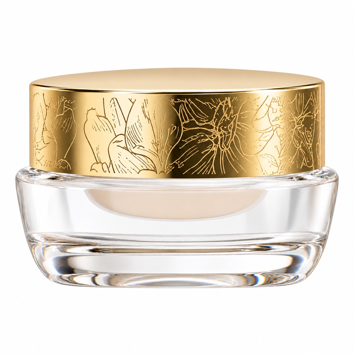 SeneGence EyeLuminator Light Under Eye Brightening Cream in clear glass jar with decorative gold floral lid