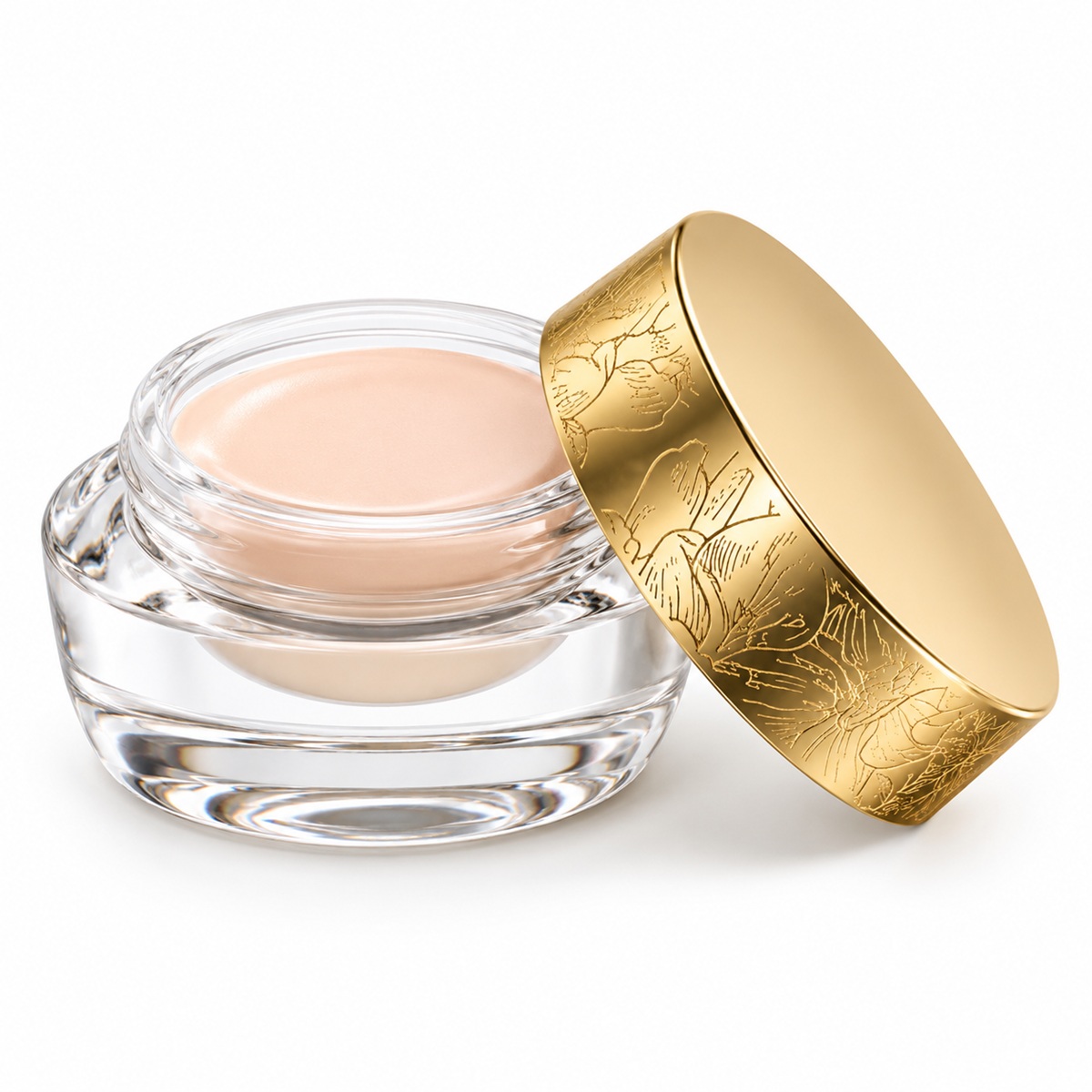 Open jar of SeneGence EyeLuminator Light showing peach-beige brightening cream and decorative gold lid