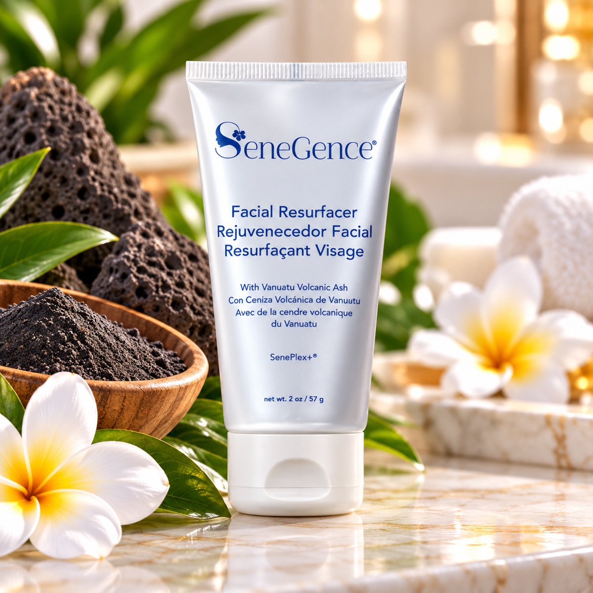 SeneGence Facial Resurfacer exfoliating treatment with Vanuatu volcanic ash, tropical flowers and marble background