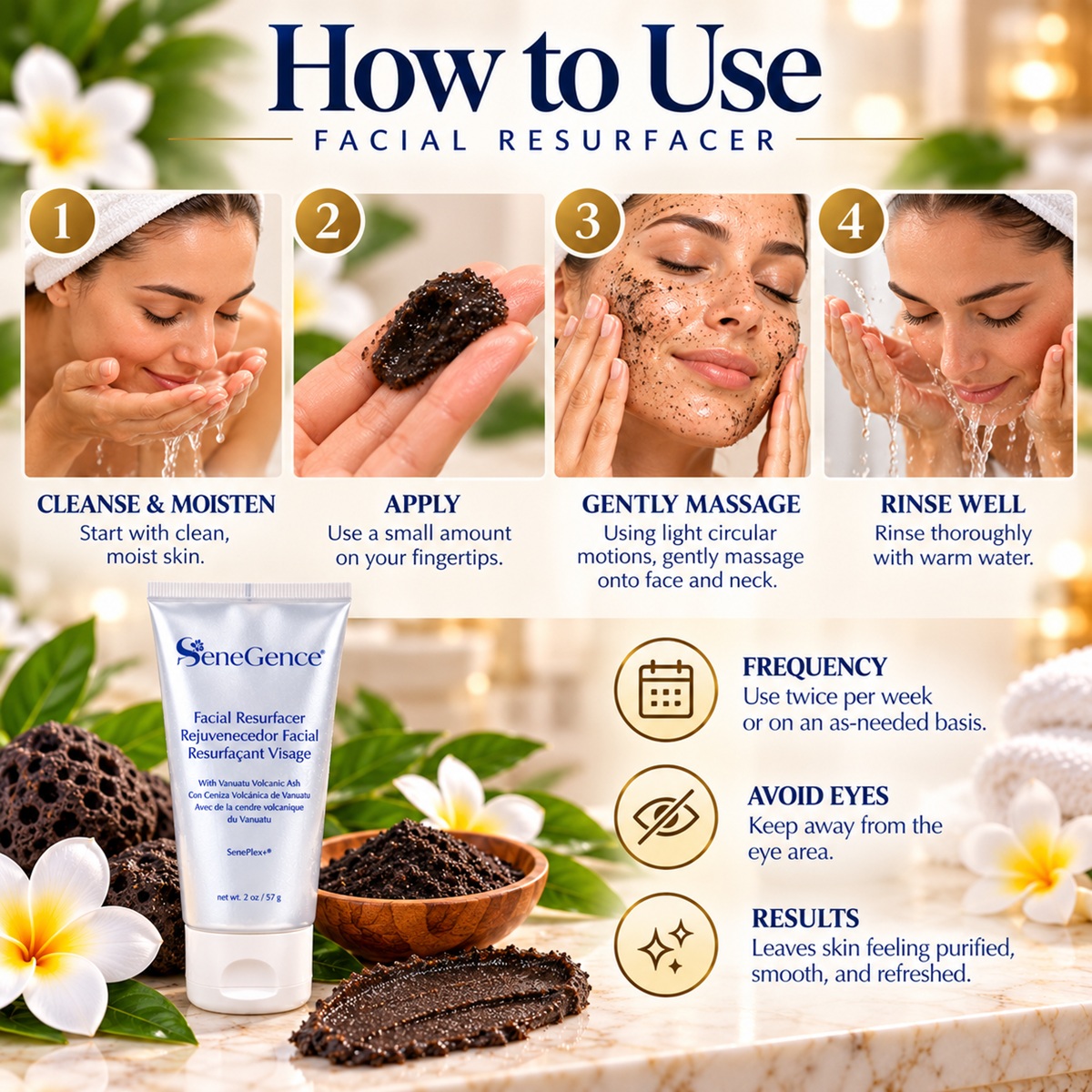 How to use SeneGence Facial Resurfacer by gently massaging onto clean moist skin and rinsing thoroughly