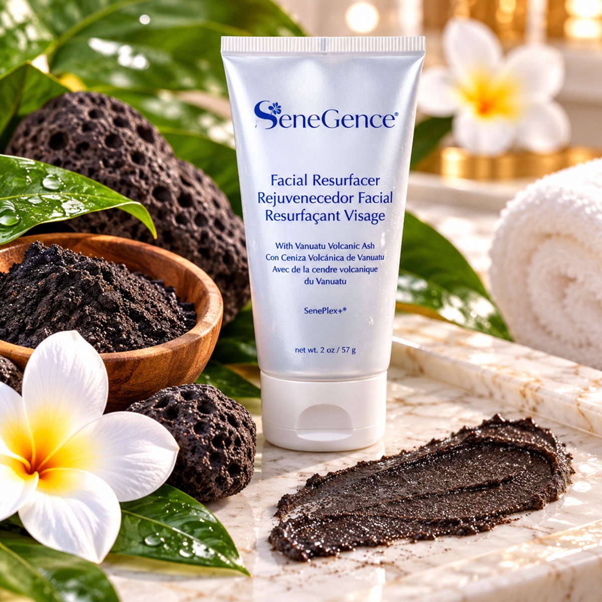 SeneGence Facial Resurfacer with dark volcanic ash exfoliating scrub, lava stones and tropical flowers