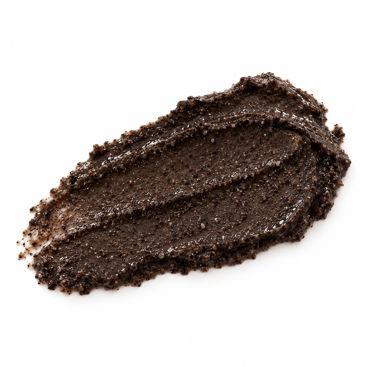 Dark charcoal-brown Facial Resurfacer exfoliating scrub texture swatch with visible volcanic ash granules on white background