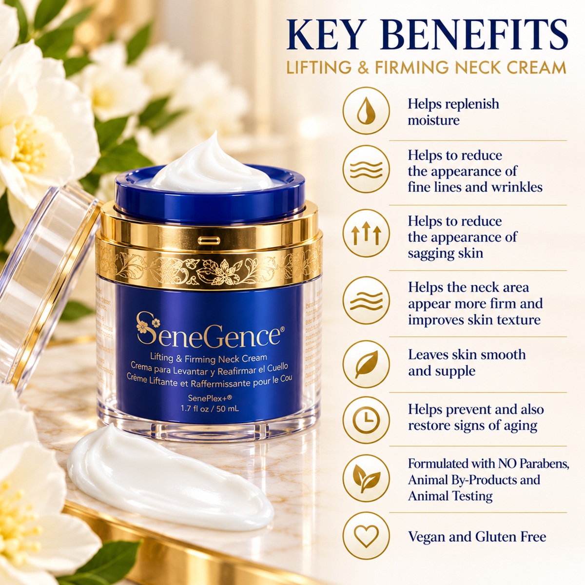 SeneGence Lifting & Firming Neck Cream benefits including hydration, smoother skin and improved firmness