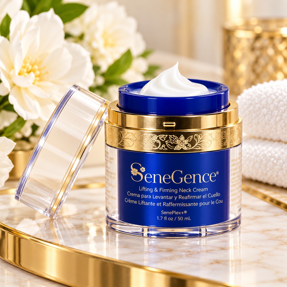SeneGence Lifting & Firming Neck Cream blue and gold jar with white cream and flowers