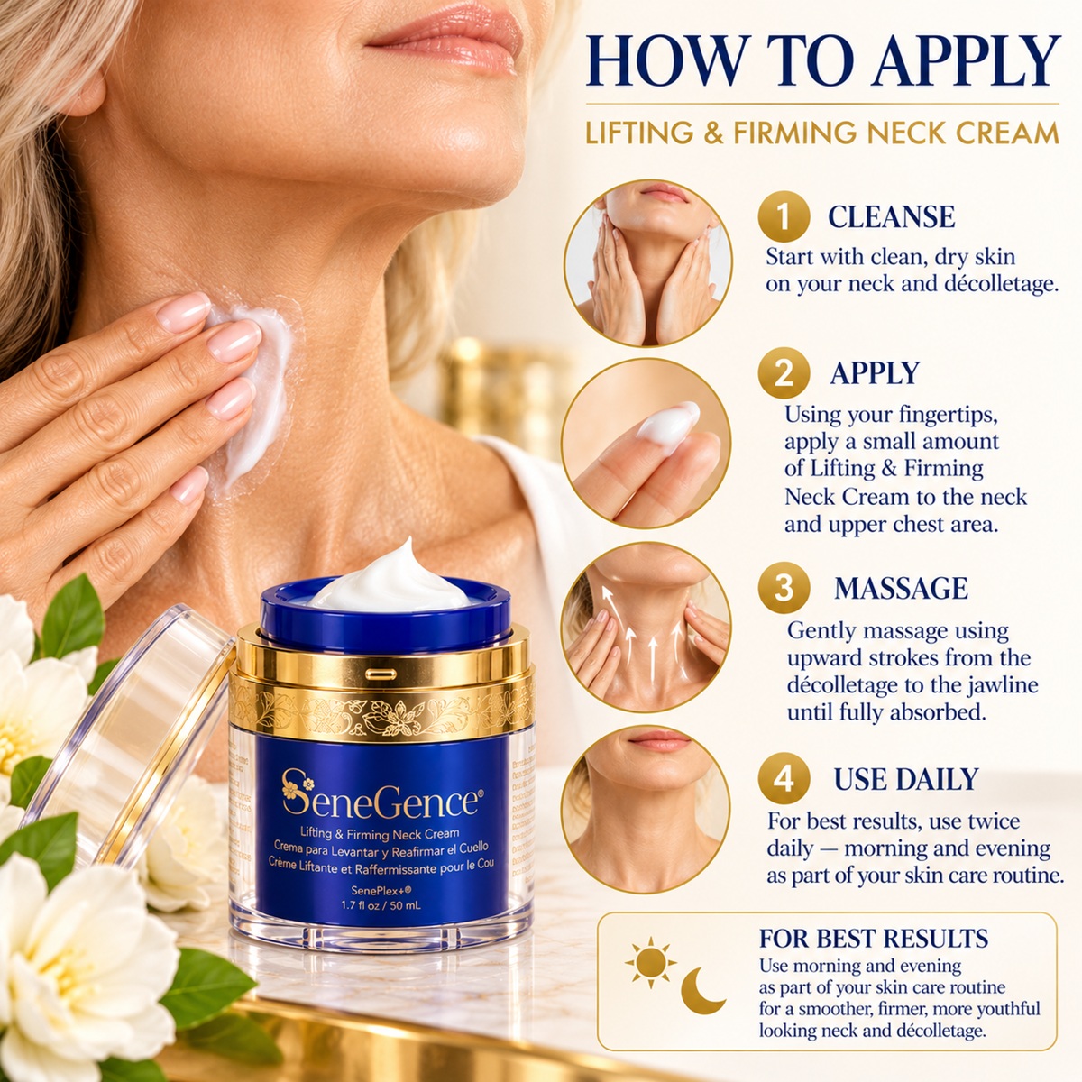 How to apply SeneGence Lifting & Firming Neck Cream using upward massage strokes on neck and décolletage