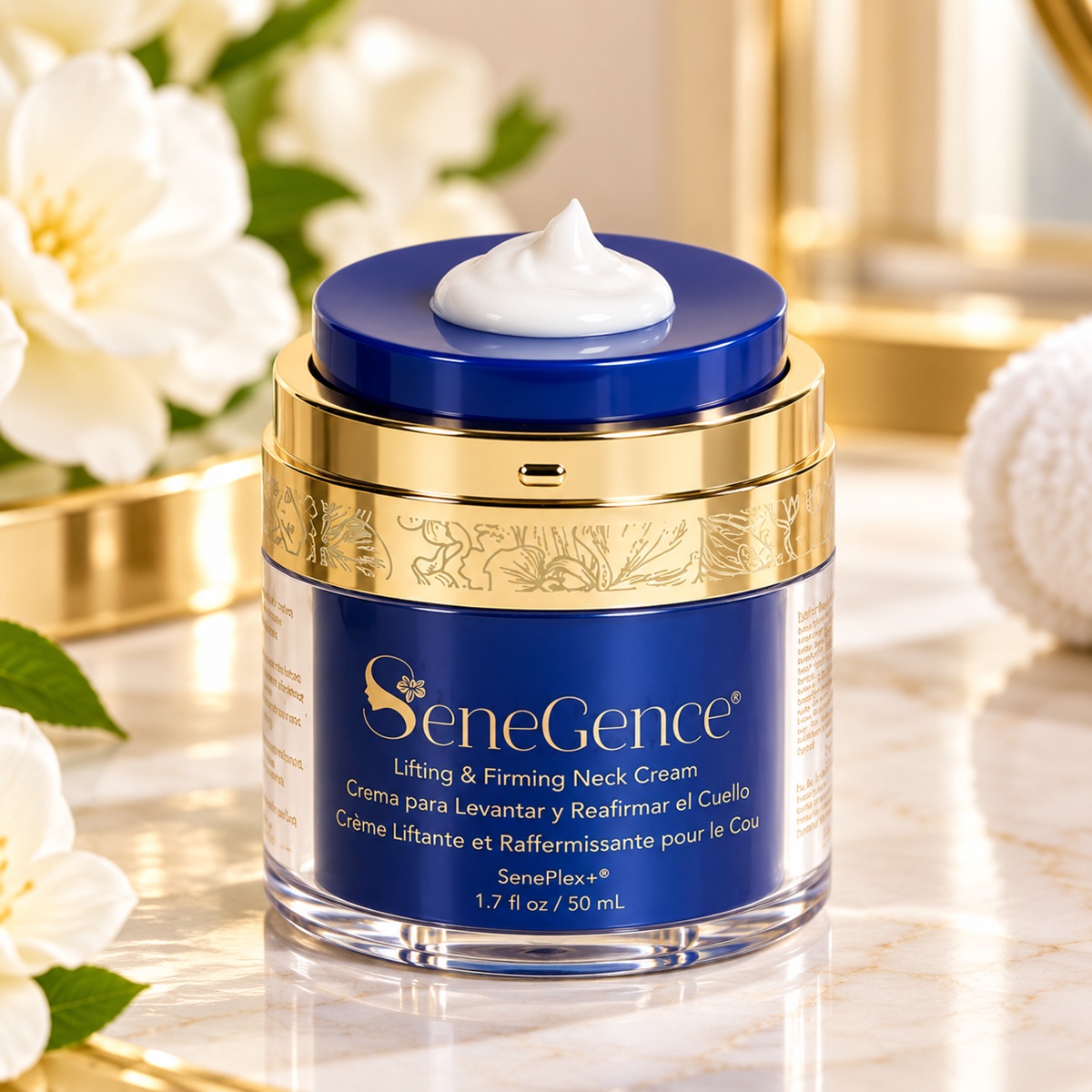 SeneGence Lifting & Firming Neck Cream blue and gold jar with white cream displayed on top