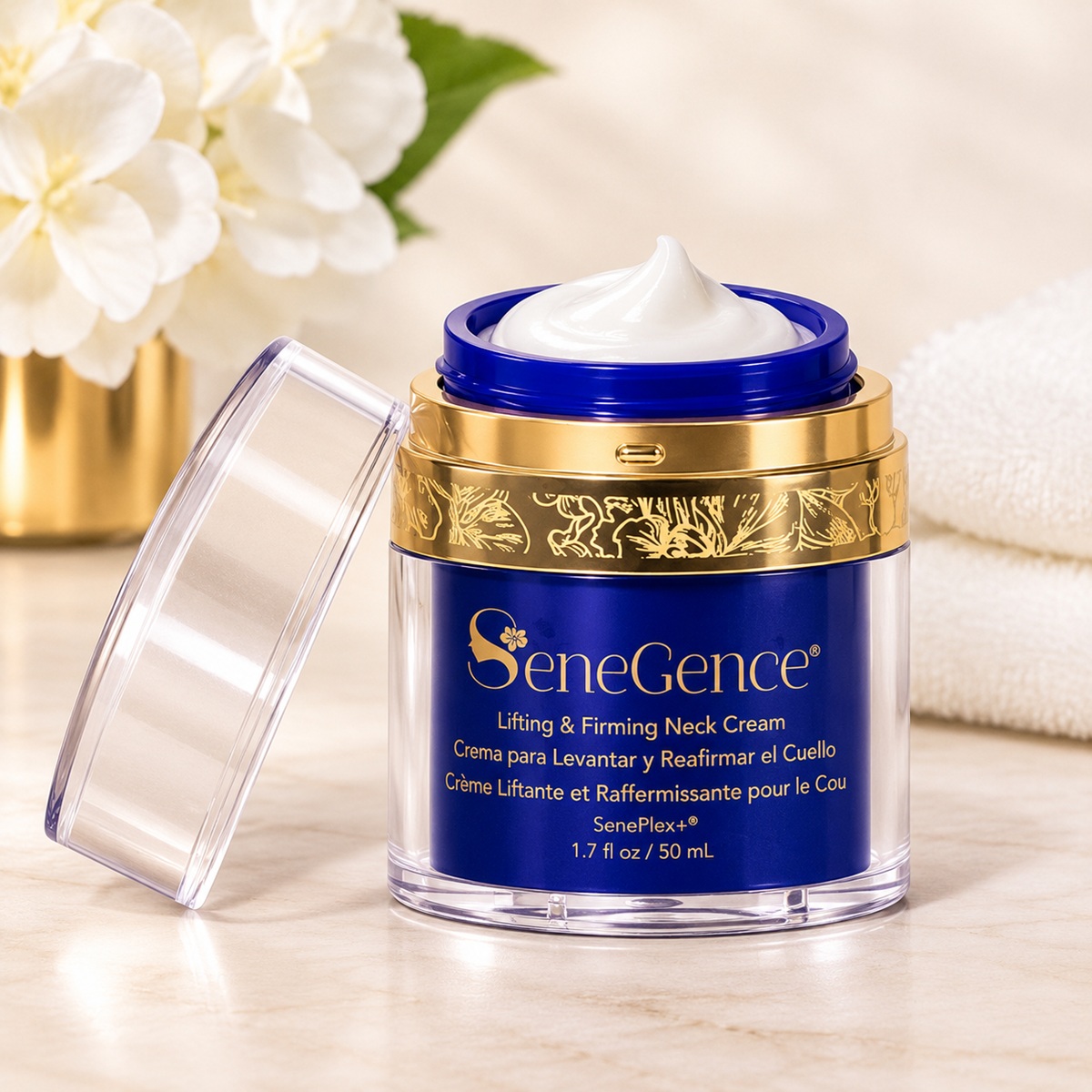 Open SeneGence Lifting & Firming Neck Cream jar with cream on a luxury skincare vanity