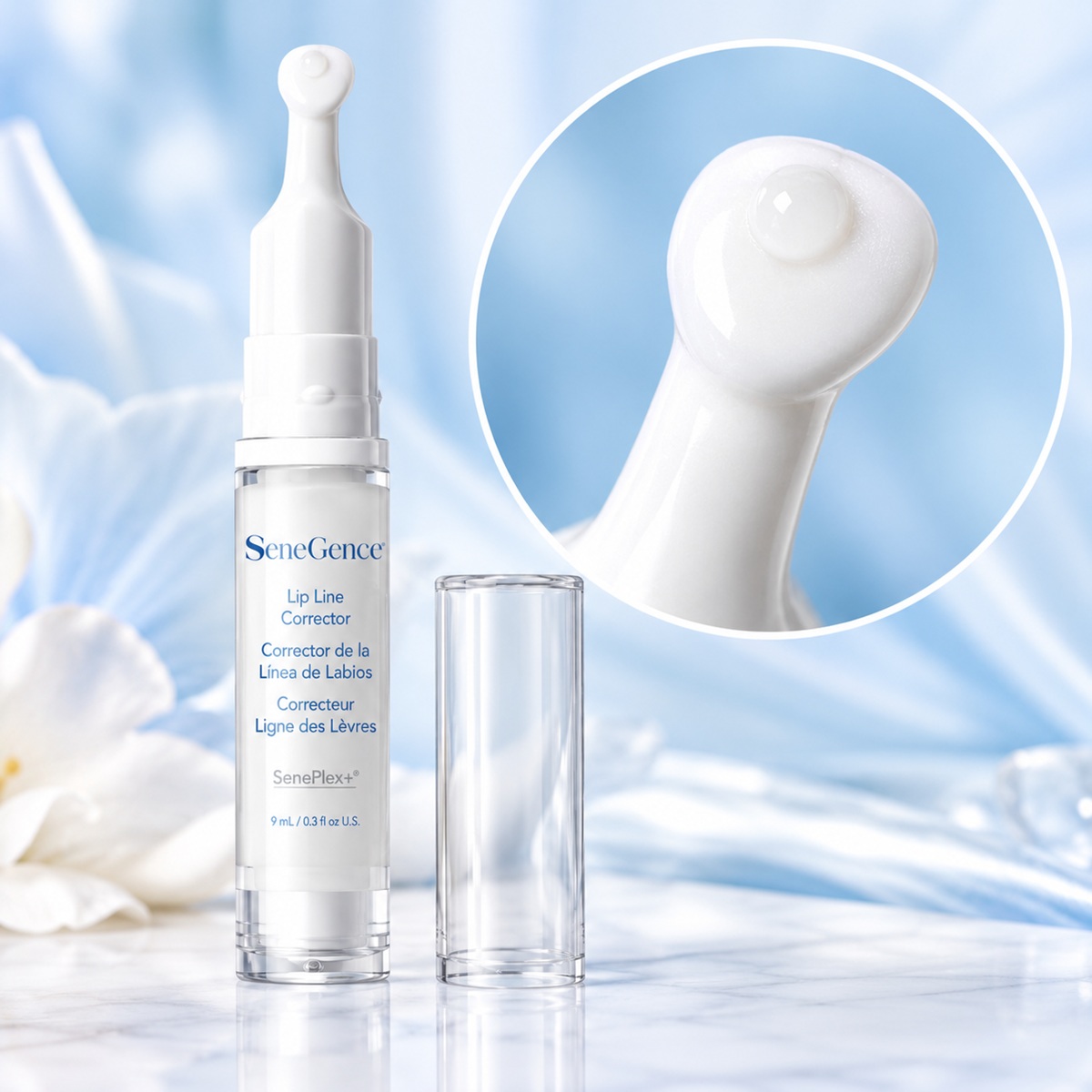 SeneGence Lip Line Corrector bottle with cap removed and close-up of rounded white applicator tip