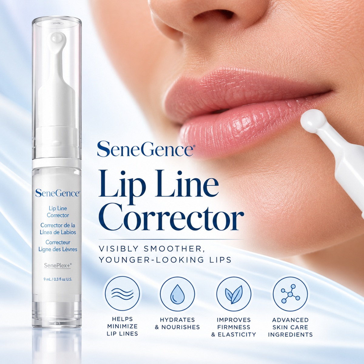 SeneGence Lip Line Corrector serum with product bottle, smooth pink lips, and anti-aging lip care benefits