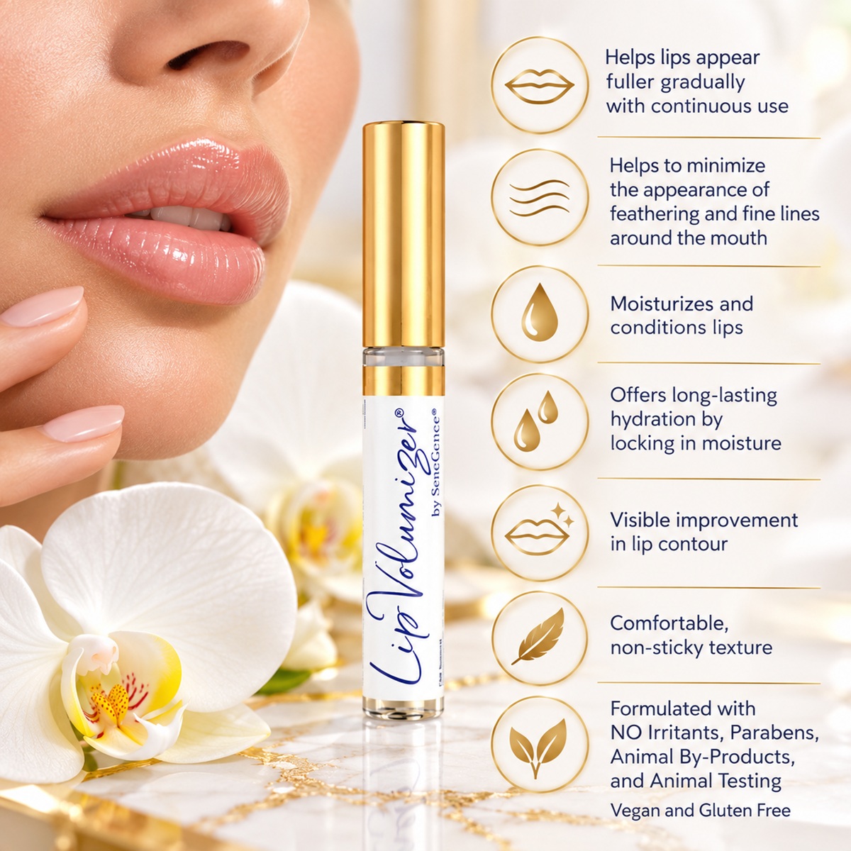 SeneGence LipVolumizer benefits infographic highlighting fuller-looking lips, hydration, smoother contours and non-sticky texture